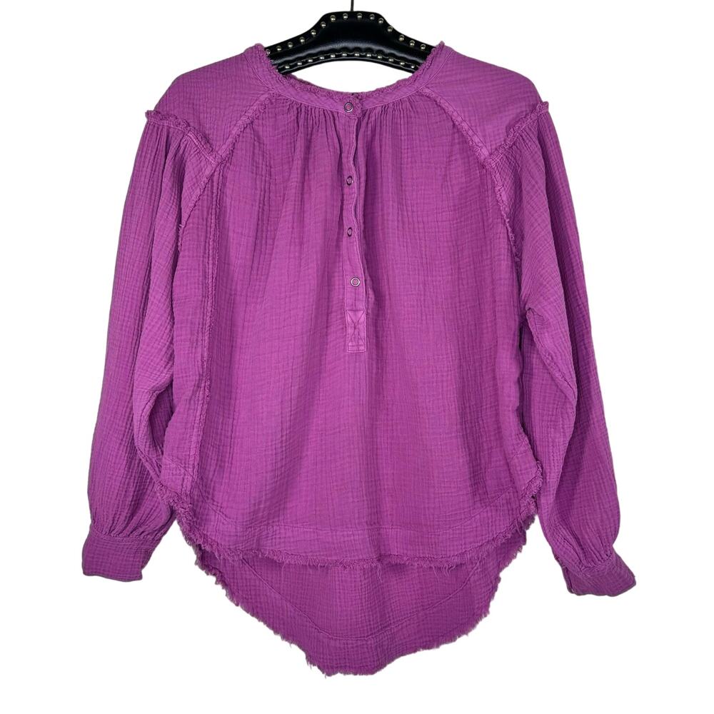 Free People Beach Day Magenta Frayed Hem Henley Pullover Top Oversized Small